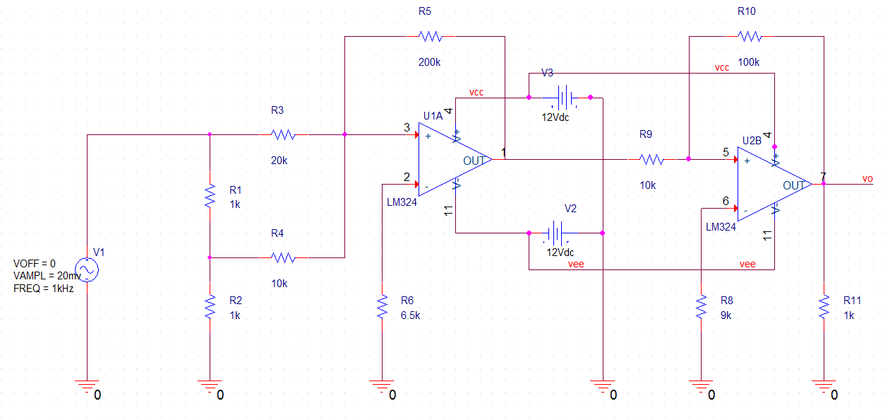 请设计一个多级放大器电路，实现运算： Vo=100Vi1+200Vi2。 已知正弦信号频率为1kHz