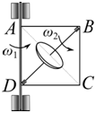 正方形框架ABCD的质量是，边长，以角速度绕定轴转动；而均质圆盘的质量是，半径是，以角速度绕BD转动