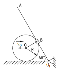 如图，半径R=50cm的圆轮在水平面上作纯滚动，其轮心O以匀速水平向左运动，从而使穿过套筒B的摇杆绕