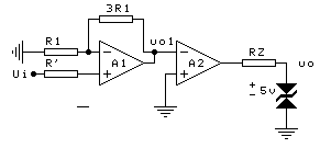 下图所示电路中，A1和A2均为理想运放，最大输出电压幅值为±10V。设ui=0.5V ，uo1为（）