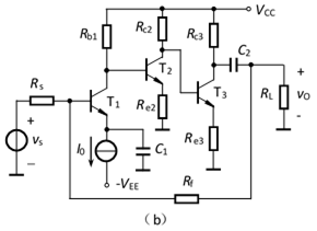 反馈放大电路如图所示，图中电容对信号而言均可视作短路，则电路中的级间交流反馈组态为（）。      