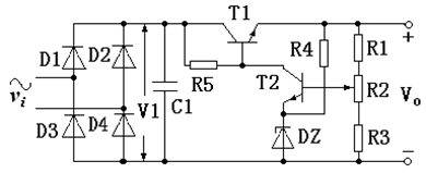 直流稳压电源如图所示。已知稳压管DZ稳定电压UZ=5.3V，晶体管UBE=0.7V，R2=200Ω，