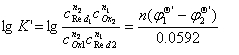 以氧化还原反应n2Ox1 + n1Red2 = n1Ox2 + n2Red1为例，写出其条件平衡常数