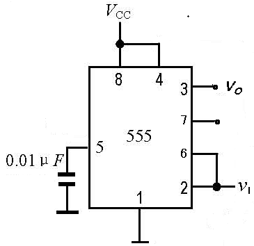 在下图用555定时器接成的施密特触发器电路中，若VCC=15V，其回差电压ΔVT 为 _______