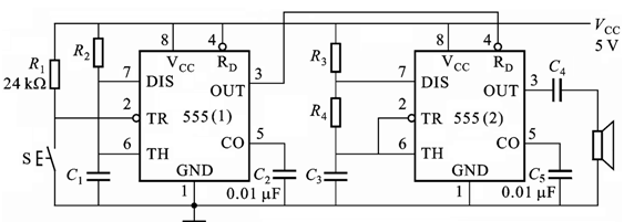 用555定时器组成的电子门铃如图所示，R2=R3=R4=1MΩ，C1=C3=0.01µF。  试问5