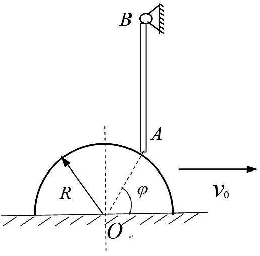 如图所示，半径为R的半圆形凸轮以等速v0沿水平线向右运动，带动杆AB绕轴B转动。选凸轮圆心O为动点，