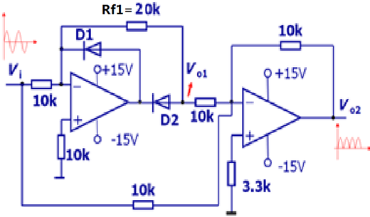 Rf1错误连接为10K电阻，输出信号Vo会出现：   [图]A、幅...Rf1错误连接为10K电阻，