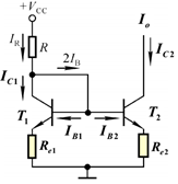 如图所示是比例电流源，已知VCC=12V，R=10kΩ，Re1=1.4kΩ，Re2=400Ω，晶体管