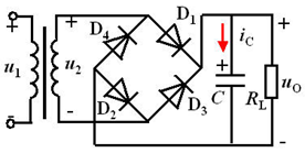 电路如图所示。U2=20V，C＝1000μF，RL=40Ω。正常情况下，UO=（）。        