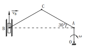 杆OA以匀角速绕O轴朝顺时针向转动，滑块B在铅直槽内滑动，如图。已知OA=20cm，AC=BC=60
