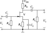 场效应管放大器电路如图所示, 其放大倍数表达式为： 