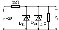 在如图所示电路中，已知稳压管DZ1、DZ2的稳定电压分别为6V和7V，且具有理想的稳压特性，可求得输