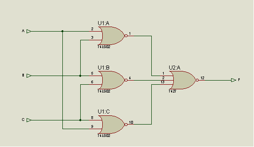 某同学在或非电路实验中，按照下图搭建电路，其中A，B，C为输入端，F为输出端。在实验过程中，F端输出
