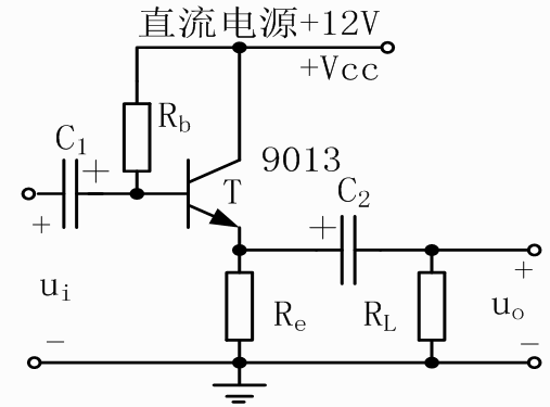 共集电极放大电路，如图所示。对于共集电极发大电路，下列描述正确的是（）。 