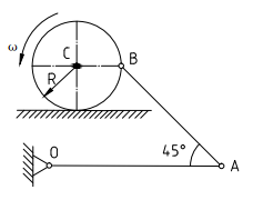 如图，一半径为R的圆轮以匀角速在水平面上滚动而无滑动。在图示位置时，OA杆水平，AB杆的倾角为45°