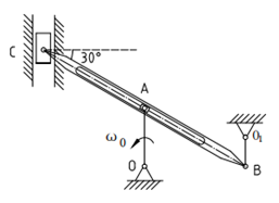 OA杆以匀角速绕O轴朝逆时针向转动，滑块C在铅直槽内滑动，在图示位置时，和两杆均铅直，槽杆BC的倾角