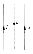 如图所示, 两无限长直载流导线中流有相同的电流, P点到两直导线垂直距离相等，则P 点的磁场能量密度