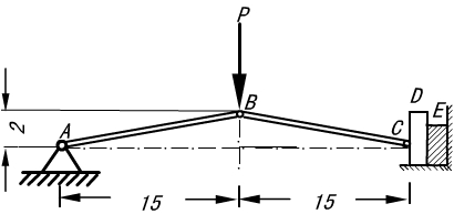 压榨机构如图所示，A为固定铰链支座。当在铰链B处作用一个铅直力P时，可通过压块D挤压物体E。如果P＝