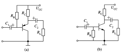 放大电路如下图如示, 该电路不能正常放大, 因为两个电路发射结均无正偏压, 管子工作在截止状态。 