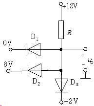 电路如图所示，设二极管D1，D2，D3的正向压降忽略不计，则输出电压u0=（）