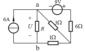电路如下图所示。用戴维宁定理求电阻R等于2欧姆时电压U的值为（)V。 