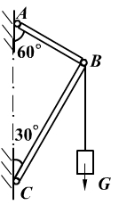 图示构架由AB与BC组成，A、B、C三处均为铰接。B点悬挂重物的重量为G，杆重忽略不计。杆AB的内力