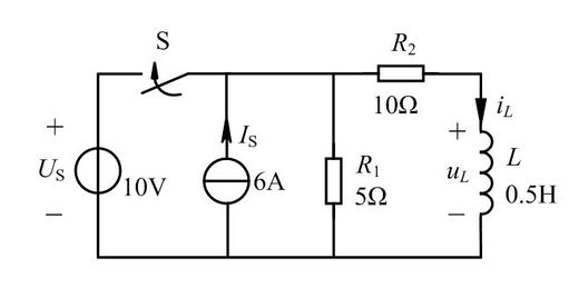 在图示电路中，开关S闭合前电路已处于稳态。在t=0时将开关闭合。则换路后电感电压的初始值为 V。 