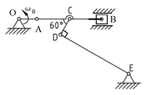 如图，曲柄OA与连杆AB位于同一水平线上，其角速度，CD杆与水平线的夹角为60°，已知OA=25cm
