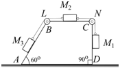 三个质量分别为,,的重物，用分别绕过滑轮L和N的两段不可拉伸的绳子连着。重物位于质量为的四棱柱ABC