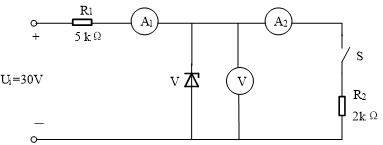 下图所示电路中，稳压管的稳定电压Uz = 12V，电压表流过的电流忽略不计，当开关S断开时，电压表V