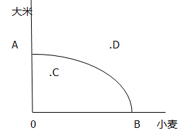如图所示，该图为某国的生产可能性曲线。其中，在现有资源禀赋和生产技术水平条件下，该国资源没有充分利用
