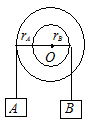 半径分别为和的圆盘，同轴地粘在一起，可以绕通过盘心且垂直盘面的水平光滑固定轴O转动，对轴的转动惯量为