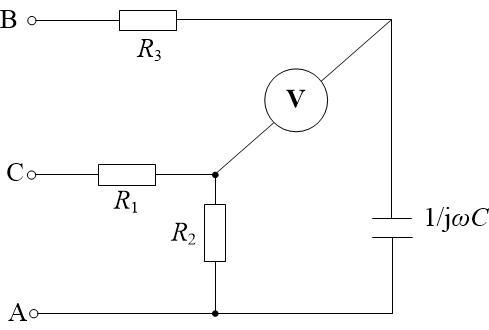 如图所示电路，A、B、C为对称三相电源，当R1=R2时，若使电压表读数为0，则R3/|1/ωC|=_