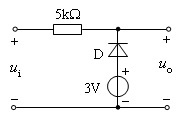 电路如图所示，输入信号ui = 6sint V时，二极管D承受的最高反向电压为（）。 
