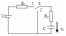 如图所示，US=100V，R2=100Ω。开关S原先合在位置1，电路处于稳态，t=0时S由位置1合到