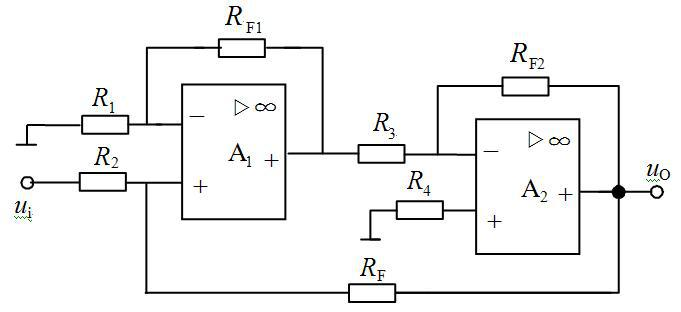 图示两级放大电路中，反馈电阻RF引入的反馈（从运算放大器A2输出端引至A1输入端）为（)。  