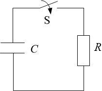 电容C=40μF，闭合开关后通过电阻R放电。已知放电过程中电阻R吸收的能量为5J，最大电流为0.5A