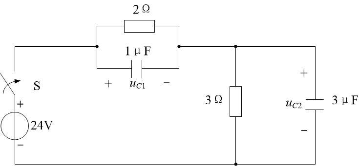 如图所示电路，当t=0时闭合开关S，uC1(0-)=uC2(0-)=0V，则uC1(0+)=____
