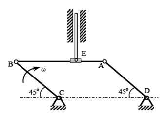 图示平面机构，BC杆以匀角速度转动，已知BC=AD＝2m，，则图示位置套筒E的速度和加速度分别为（）