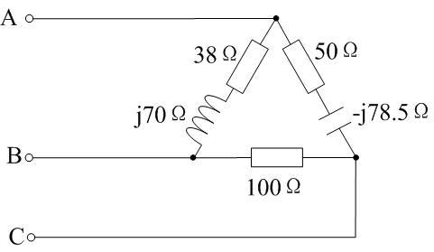 如图所示，对称三相电源上一组接成三角形连接的负载，电源线电压为380V。则以下说法正确的是： 