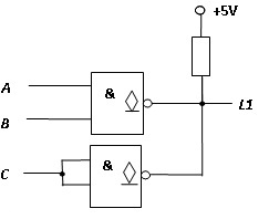 OC门组成的电路如下图所示，当输入分别是ABC=110、ABC=100时，输出端L1的值分别是（）。
