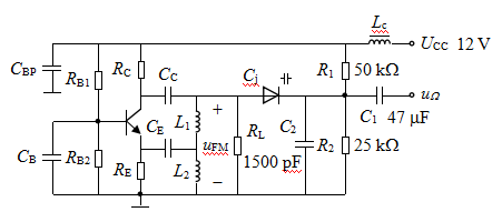 变容二极管直接调频电路如图所示，变容二极管的结电容Cj = 100 / （1 + u)2 pF，电感