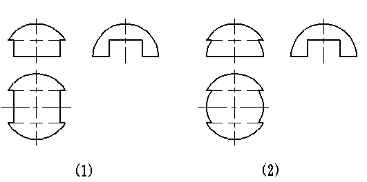半球被截切，根据左视图绘制主、俯视图。对比（1）和（2）立体三视图，下列答案中哪些说法是正确的？。 