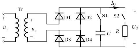 整流滤波电路如图所示，当开关S1断开、S2闭合时，进入稳态后，在一个周期内二极管的导通角θ为（）。 
