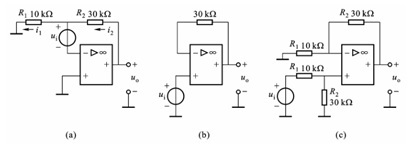 3.41由理想集成运放构成的电路如图所示，已知ui=2V，试求各电路的输出电压uo值。 