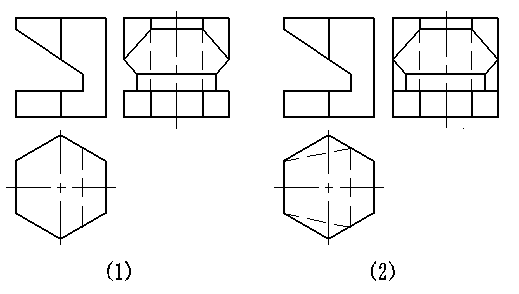 对比（1）和（2）立体三视图，下列答案中哪些说法是正确的？