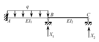 图示超静定结构，取B、C支座反力为力法基本未知量X1、X2。当EI2增大时，力法方程中Δ1P 变大，