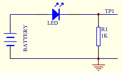 如图电源正0.5V，发光二极管正向压降为+2.0V，请问电阻上的压降是（TP1对地电压）： 
