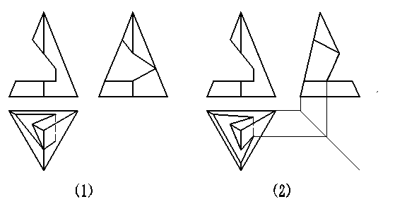 对比（1）和（2）立体三视图，下列答案中哪些说法是正确的？ 
