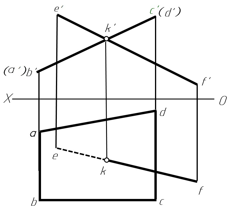 求直线EF与平面四边形ABCD的交点，并判别可见性，请选择正确的答案。 